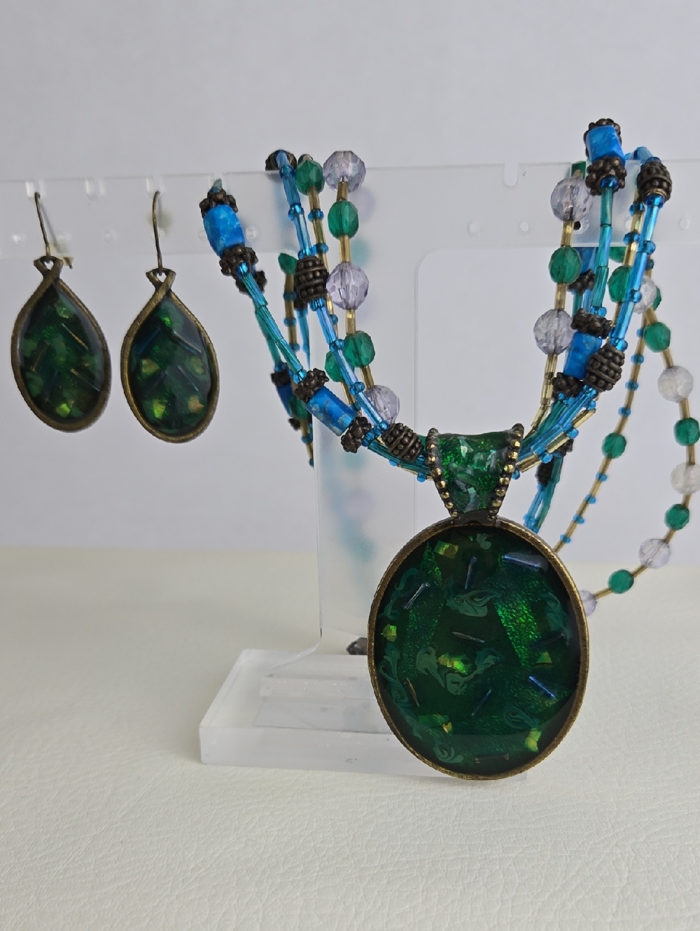 Chico's 90's Green Multi-Strand Beaded Necklace and Earring Set